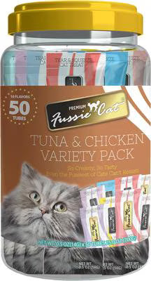FUSSIE CAT TUNA CHICKEN 10 FLAVORS VARIETY LICKABLE CAT TREATS 0.5OZ 50 CT