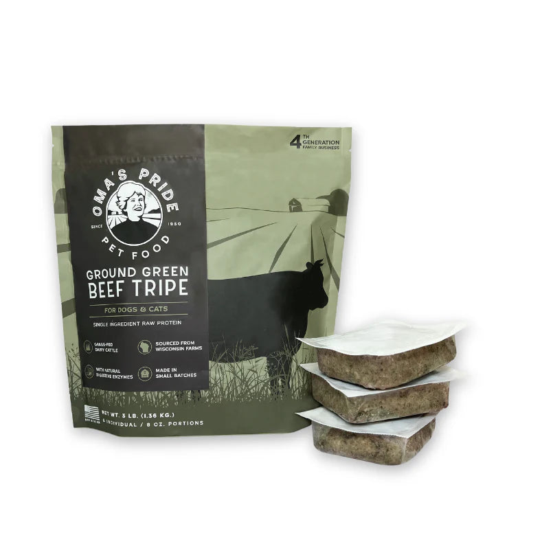 OMA'S PRIDE FROZEN GROUND GREEN BEEF TRIPE 3#