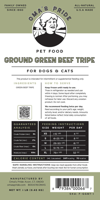 OMA'S PRIDE FROZEN GROUND GREEN BEEF TRIPE 3#